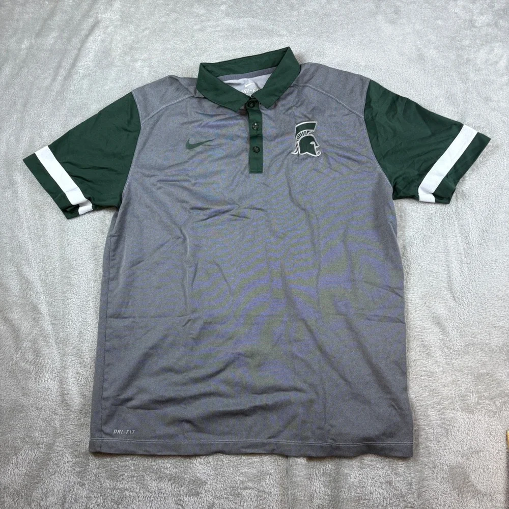 Nike Polo Shirts Men L Michigan State Spartans Dri-FIT NCAA Sideline Grey Green